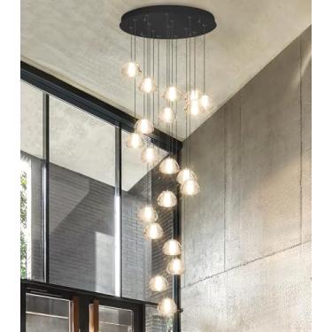 Imagem de Lustre moderno de 20 luzes para hall de entrada com pé direito alto, luminária de teto LED com cristais em formato de bolha, pendente ajustável para escada, corredor e saguão.
