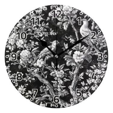 Imagem de WELLDAY Relógio de parede sem tique-taque 25 cm - pássaros flores preto operado a bateria quartzo silencioso relógio redondo para casa/escritório/cozinha/sala de aula