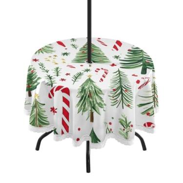 Imagem de CEBUGI Toalha de mesa redonda para uso ao ar livre, árvore de Natal, impermeável, com furo Umberlla, capa de mesa lavável para pátio, cozinha, sala de jantar, 152 cm
