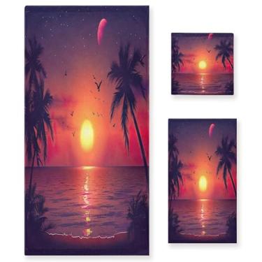 Imagem de xigua Pôr do sol com palmeiras conjunto de toalhas de banheiro absorvente macio 3 peças toalha de banho toalha de mão toalhas decorativas para banheiro, academia, hotel, praia, piscina