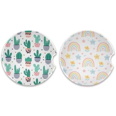 Imagem de Burbuja Porta-copos de carro com estrelas arco-íris de cacto, pacote com 2, porta-copos de cerâmica absorvente com entalhe de dedo, acessórios de carro fofos para mulheres