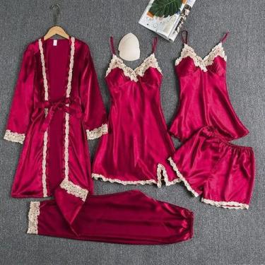 Imagem de Conjunto De Pijamas De Luxo Feminino Em Cetim 5 Peças Com Renda, Robe,