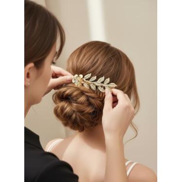 Imagem de Pente de cabelo feminino de folha com strass com dentes torcidos pente deslizante dourado