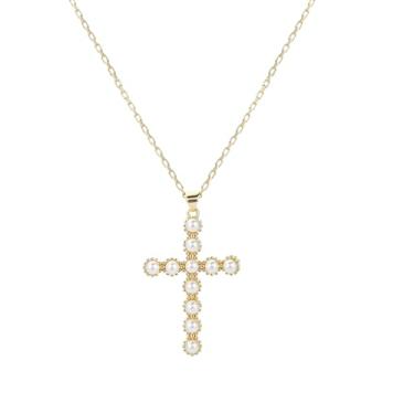 Imagem de Jovialpixie Colar feminino com pingente de cruz de ouro banhado a 18 k/14 K com pedras de zircônia cúbica, corrente ajustável de 40,6 a 45,7 cm, joia delicada para o dia a dia, presente de Natal