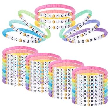 Imagem de Landical 36 pulseiras felizes 100º dia de escola, pulseiras coloridas de contas da amizade para meninos e meninas fofas 100º dia de escola argila acrílica elástica para decoração de material escolar,