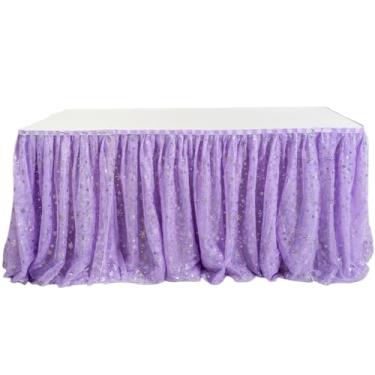 Imagem de Deugold Pacote com 2 saias de mesa roxas, decorações de festa de 1,8 m, toalha de mesa de tule para mesas retangulares ou mesas redondas para aniversários, banquetes, decorações de chá de panela