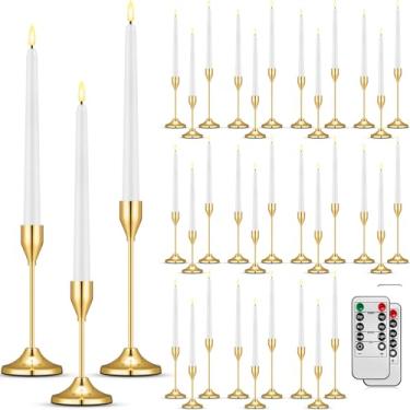 Imagem de 60 peças de castiçais dourados com velas LED sem chama, incluem 30 velas cintilantes operadas por bateria com 30 castiçais de metal cônico a granel com 2 temporizadores para decoração de mesa de