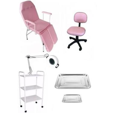 Imagem de Kit Podologia Rosa  Cadeira Mecânica Mocho à Gás Carrinho Exaustor com