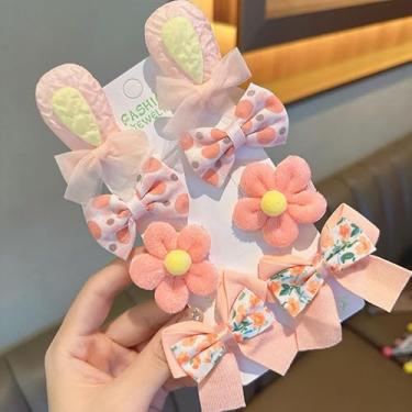 Imagem de 8 presilhas de cabelo com laço, grampo de cabelo de flor, orelhas de coelho de desenho animado, franja de cabelo de menina, sem danos ao cabelo