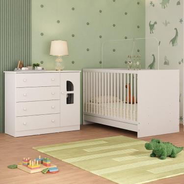 Imagem de Berço 3 Em 1 Para Colchão 130x60cm Com Cômoda 1 Porta 4 Gavetas Amora Multimóveis MP4759 Branco