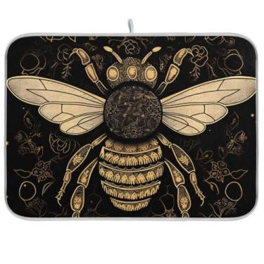 Imagem de Tapete de secagem de louça Bee floral dourado 45,7 cm x 61 cm Tapete de café de microfibra absorvente tapete de drenagem de prato tapete protetor de bancada