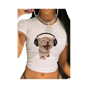 Imagem de Camiseta Cropped Feminina Com Estampa De Gato Harajuku, Camiseta Sexy 