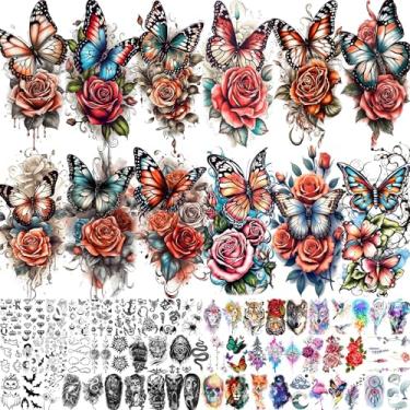 Imagem de 71 folhas de tatuagens temporárias de borboleta, flores de rosa, para mulheres e adultos, aquarela floral de peônia, borboletas, manga de meio braço, tatuagens para meninas, flor de rosa, adesivos de