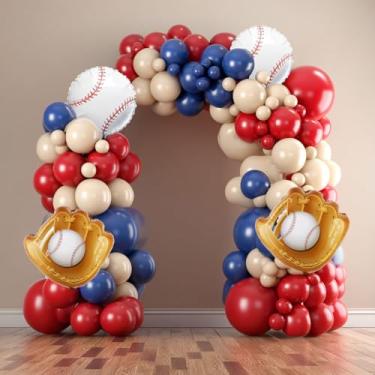 Imagem de Kit de arco de guirlanda de balão de beisebol, arco de balão nude azul marinho vermelho com luva de beisebol, balões de alumínio para decoração de festa de aniversário com tema esportivo