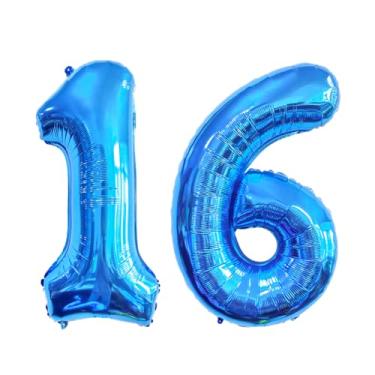 Imagem de GFIURNJVVBJH Balão gigante de 16 números, número 81 cm para decoração de festa de aniversário de 16 anos, casamento, formatura, celebração, festa, azul, 16