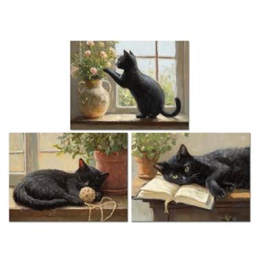 Imagem de LyerArtork 3 peças de arte de parede de gato preto impressões em tela pintura animal arte moderna decoração de parede para cozinha sala de estar quarto decoração 12"x16"x3