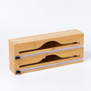 Imagem de Cortador de Embalagens Alimentares Bambu Montado na Parede Ambientalmente Correto com Lâmina Duas Deslizantes para Organizador Cozinha Papel Alumínio Cera Forno Plástico Adesivo e