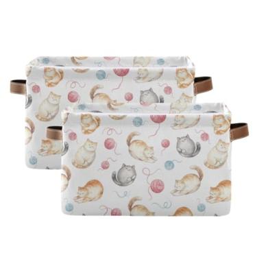 Imagem de Organizador de roupas dobrável de tecido – Cestas de armazenamento decorativas de lona dobráveis para banheiro, roupas de gato fofo, branco, pacote com 2