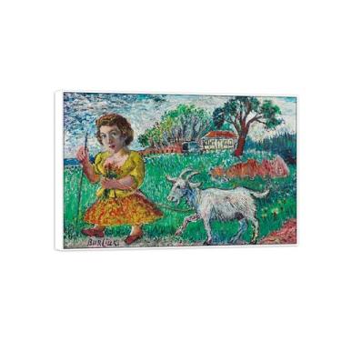 Imagem de David Burliuk Famosas impressões em tela de arte de parede prontas para pendurar. Menina com cabra. Pintura com moldura branca para decoração de sala de estar 20 x 30 cm 8 x 12 polegadas