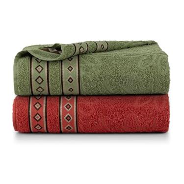 Imagem de Kit 2 Toalhas de Banho Bloom Banhão 150x75cm | Jacquard 100% Algodão | Felpa Macia 350g/m² – Hipoalergênica (Verde e Vermelho)