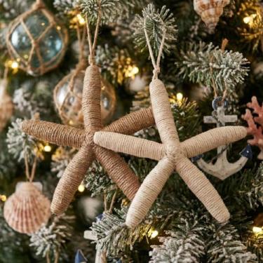 Imagem de NAUTIMALL Decoração de parede de estrela do mar de corda rústica, conjunto de 2 ornamentos náuticos de juta costeira para casa de praia, banheiro, maçaneta de porta, arte de parede, decorações de mar