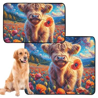 Imagem de TSENQUE Highland Gado Bezerro Flor Papoula Pet Cat Pee Pad Reutilizável Pet Pet Pee Pads para Cães Tapete Impermeável Antiderrapante Absorvente Cachorro Treinamento, Médio + Grande, Conjunto de 2