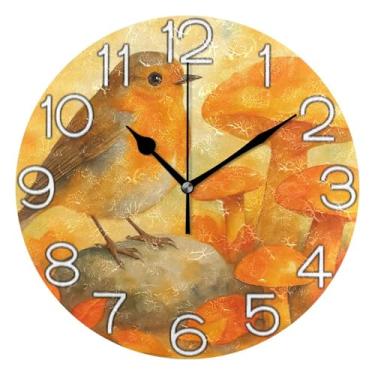 Imagem de GAIGEO Relógio de parede decorativo analógico relógio de cozinha rústico redondo sem tique-taque silencioso, sala de estar, decoração de parede moderna, arte laranja pássaro, 25 cm, ponteiros dourados