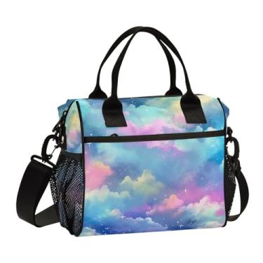 Imagem de GAIGEO Lancheira adulta com isolamento azul e rosa nuvem aquarela com bolsos laterais, lancheira térmica para mulheres, M