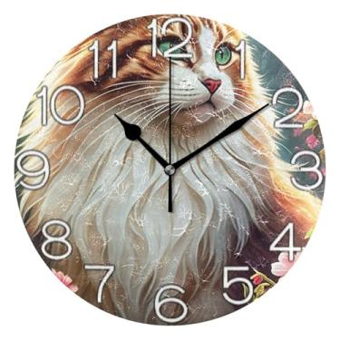 Imagem de GAIGEO Relógio de parede analógico decorativo redondo sem tique-taque silencioso quarto relógio de cozinha, sala de estar decoração de parede moderna gato marrom fofo colorido, 25 cm, ponteiros pretos