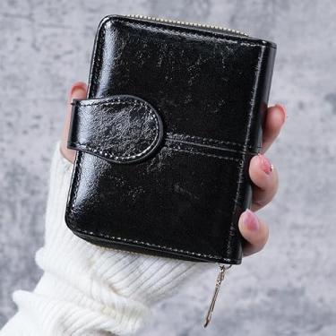 Imagem de Carteira feminina de couro genuíno com dobra dupla/tripla - Suporte minimalista para cartão de crédito com bloqueio de RFID e bolso para moedas, Preto, Casual