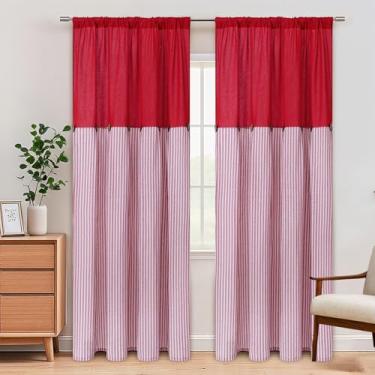 Imagem de ASPMIZ Cortinas de linho de algodão para sala de estar, bolso de haste e aba traseira para quarto, cortina listrada de casa de fazenda rural com botões rústicos, decoração de casa, vermelha, 132 x 213