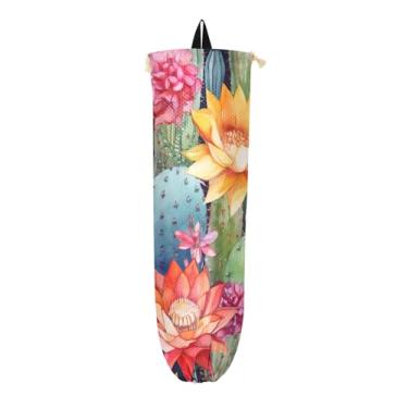 Imagem de Aquarela colorida de cactos e flores, pacote com 2 porta-sacolas de supermercado, armazenamento de sacolas plásticas de cozinha