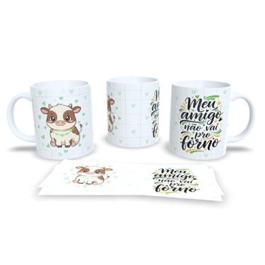 Imagem de Caneca de Cerâmica com Tema Vegano de Vaca, Branco com Corações Verdes, 325ml, Frase Meu Amigo Não Vai Pro Forno