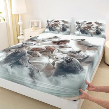 Imagem de Jogo de lençol casal infantil Deus e Cordeiro, decoração de quarto ocidental salvando as ovelhas perdidas, versículo bíblico, arte espiritual para meninos e meninas, branco, cinza, 2 fronhas (não