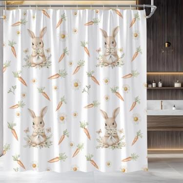 Imagem de STKKST Cortina de chuveiro coelhinho da páscoa lindo coelho cenouras primavera floral margarida tecido branco conjunto de decoração de banheiro, 1,78 x 1,78 m