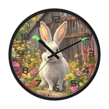 Imagem de CEBUGI Relógio de parede com luz noturna de 30,5 cm que brilha no escuro com sensor de voz, relógios de parede de coelho branco operado por bateria para decoração de quarto e sala de estar