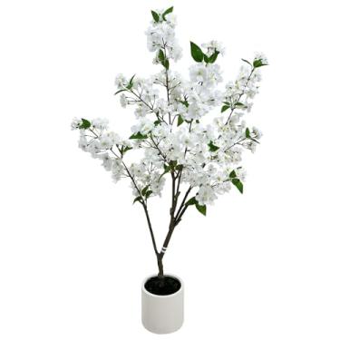 Imagem de Alonfale Árvore artificial de flor de maçã silvestre de 1,2 m com plantador – Árvore de flor falsa realista para decoração de escritório em casa, flores brancas, planta interna e externa de baixa