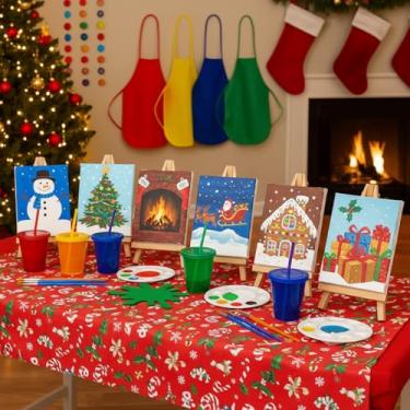 Imagem de AmazingSpark 48 peças de lembrancinhas de festa de pintura, inclui kit de lona e cavalete e aventais, paletas, copos, pincéis, tintas e tapete de mesa de feltro, suprimentos de arte vibrante para