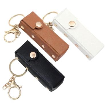 Imagem de mollensiuer Bolsa de batom portátil de couro PU, 3 peças, estojo de armazenamento de batom para viagem, com chaveiro, mini bolsa de cosméticos, porta-chaves, bolsa de batons para mulheres, 3 cores