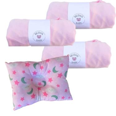 Imagem de Kit Lençol 100% Algodão Malha Elástico Total e Travesseiro Anatômico Lua e Estrela Berço Carrinho | Pink Lovers 4 Peças