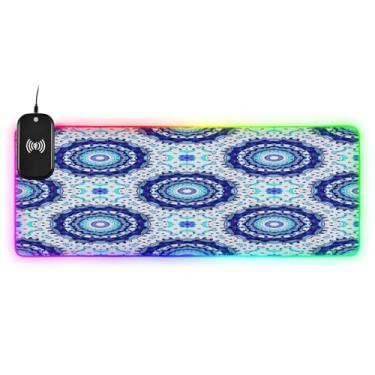 Imagem de CEBUGI Mouse pad de carregamento sem fio padrão azul branco 15W mouse pad rápido para jogos com 14 iluminação LED RGB para jogos, PC, laptop, mesa 80 x 30 cm