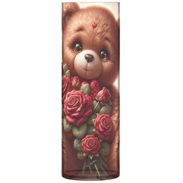 Imagem de Urso de pelúcia flores rosas vaso de flores grandes vasos cilíndricos fofos decoração de casa decoração estética floral exclusiva, 30 cm x 9,9 cm