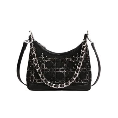 Imagem de CORIOS Bolsa de ombro feminina de couro PU com estampa de losango, bolsa tiracolo com alça de ombro removível bolsa média, Preto, L