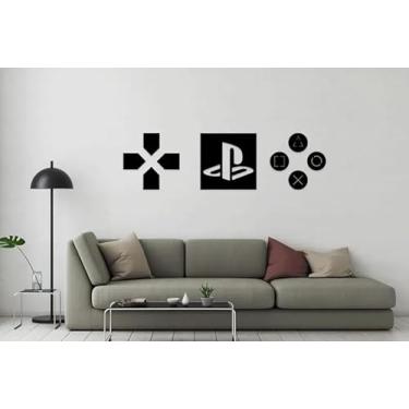 Imagem de Quadros Decorativos Gamer em MDF para PlayStation Kit 3 Peças com Ícones Controle Decoração Moderna para Sala Quarto e Setup Gamer