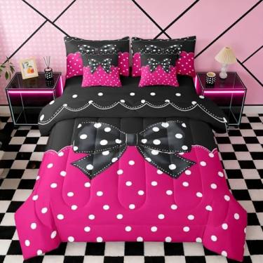 Imagem de Feelyou Conjunto de edredom casal de desenho animado com laço, 7 peças, para crianças, meninos, meninas, rosa e preto, conjunto de lençol com edredom e fronhas kawaii, laço kawaii, decoração de quarto