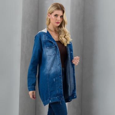 Imagem de Jaqueta Feminina Jeans Over Estampado Capuz Fixo Manga Longa Botão-Feminino