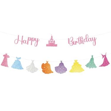 Imagem de Faixa de Aniversário Feliz Princesa, Guirlanda de Aniversário com Glitter Pré-Montada com Recortes Vestidos Princesa e Castelo para Decoração Festas Meninas e Chá Bebê