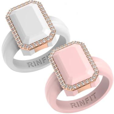 Imagem de Rinfit Aliança de casamento feminina de silicone - anéis de compromisso para ela - corte esmeralda com zircônia cúbica - design patenteado, Size 6, Silicone, Zircônia cúbica