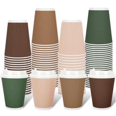 Imagem de Whaline 100 peças de copos de café descartáveis com tema florestal com tampas, copo de papel, 340 g, marrom, verde, ondulado, ondulado, isolado, copo quente para casa, escritório, artigos de festa