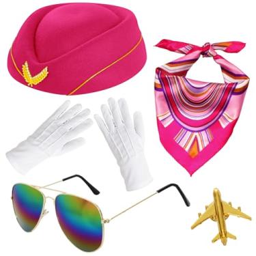 Imagem de 6 peças acessórios de fantasia de comissária de bordo para mulheres, roupas de aeromoça, chapéu de comissária de bordo, alfinete, luvas de cachecol (rosa vermelha)